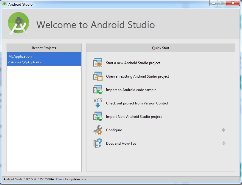Начальное окно Android Studio